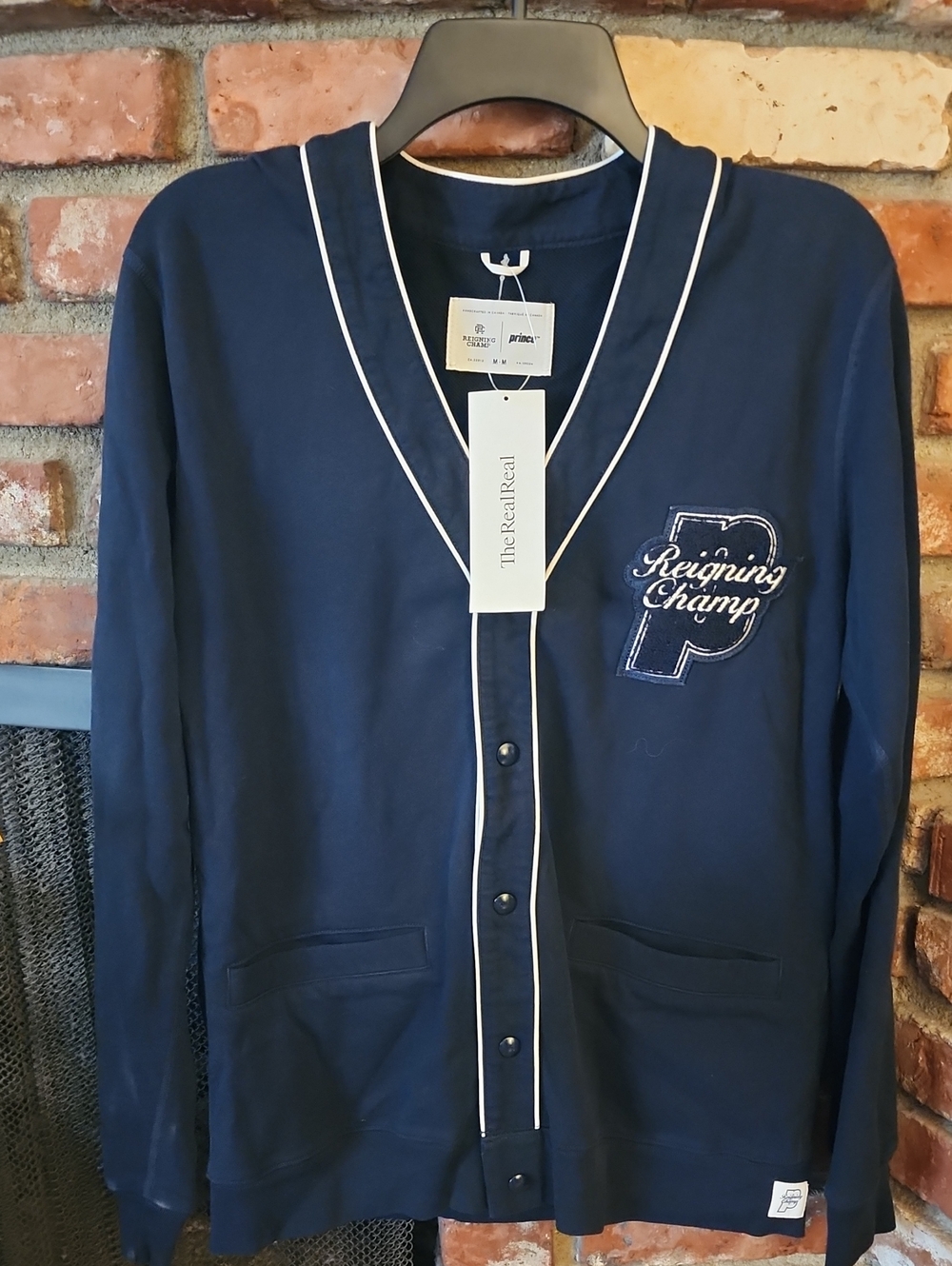Reigning Champ x Prince Navy Varsity Cardigan Sweater Embroidered Logo